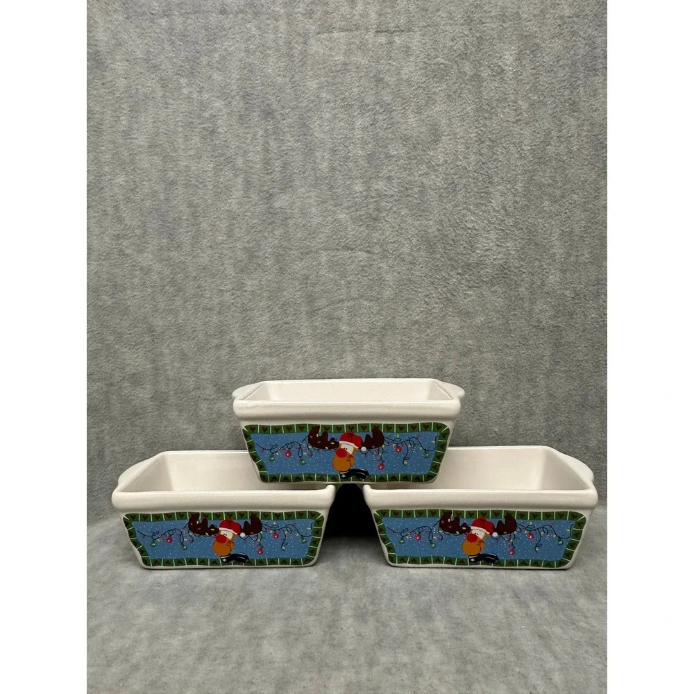 Set‎ of 3 Ceramic Loaf Dishes Christmas Reindeer Oven Microwave Dishwasher Safe